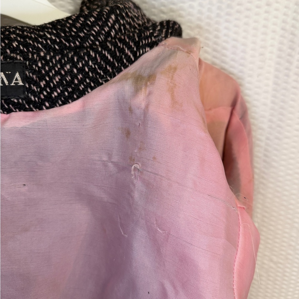 Vintage Casa De Lana Uruguay 100% Pure New Wool Herringbone Pink Lining Coat 16 - Picture 5 of 7